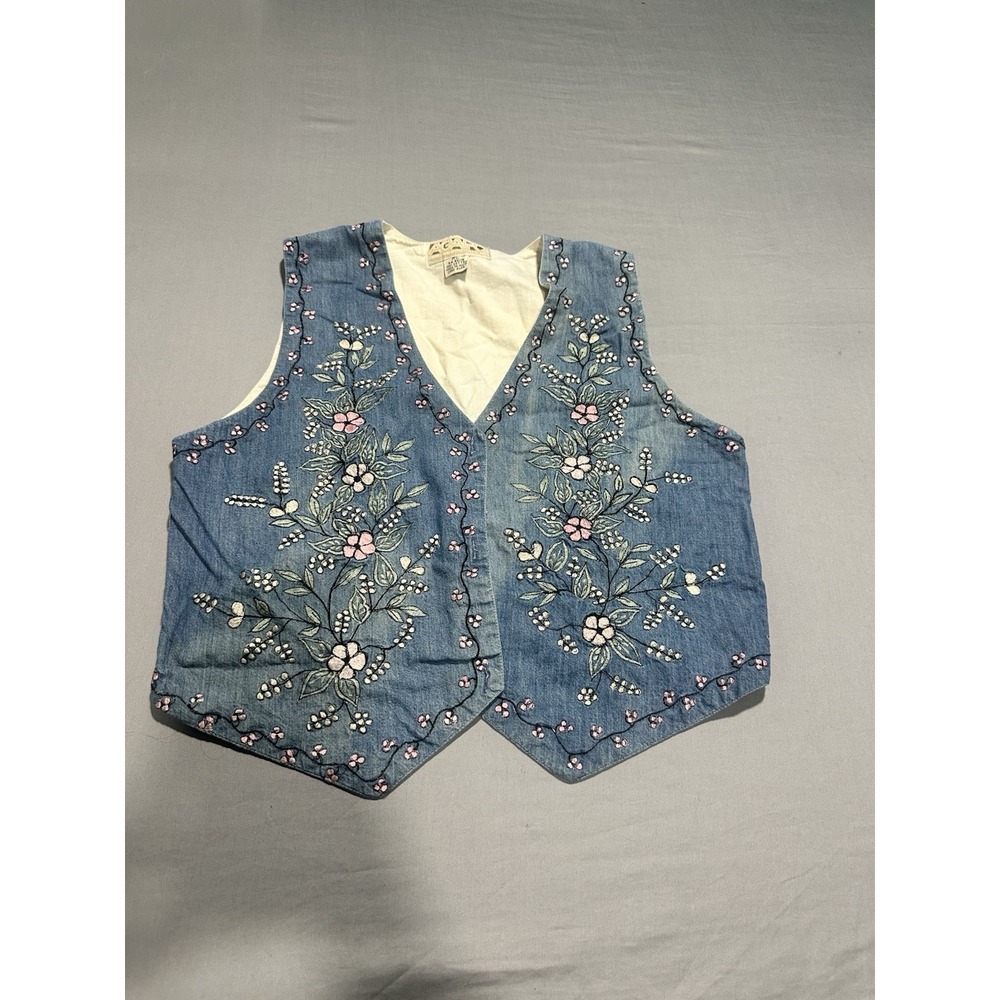 VTG Cottage Core Denim Floral Embroidered Vest Petite L